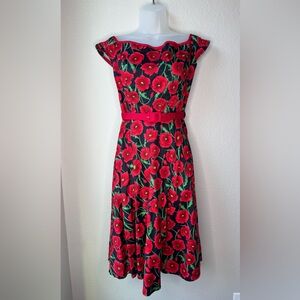 Hell Bunny Red Floral Belted Fit & Flare Dress Size S Rockabilly Pinup Retro